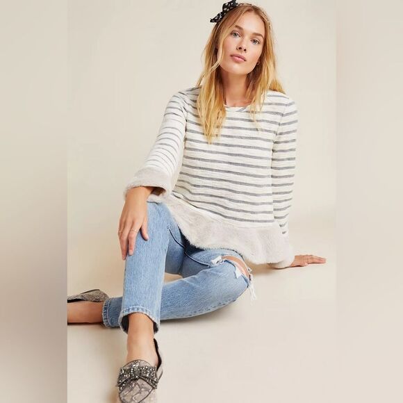 Maeve by Anthropologie Astor Fur-Trimmed Striped Pullover Size Medium - Picture 3 of 12
